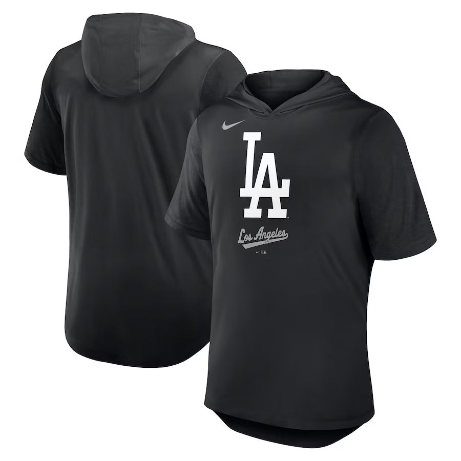 Men 2025 MLB Los Angeles Dodgers Black Hooded T-shirt->mlb t-shirts->Sports Accessory